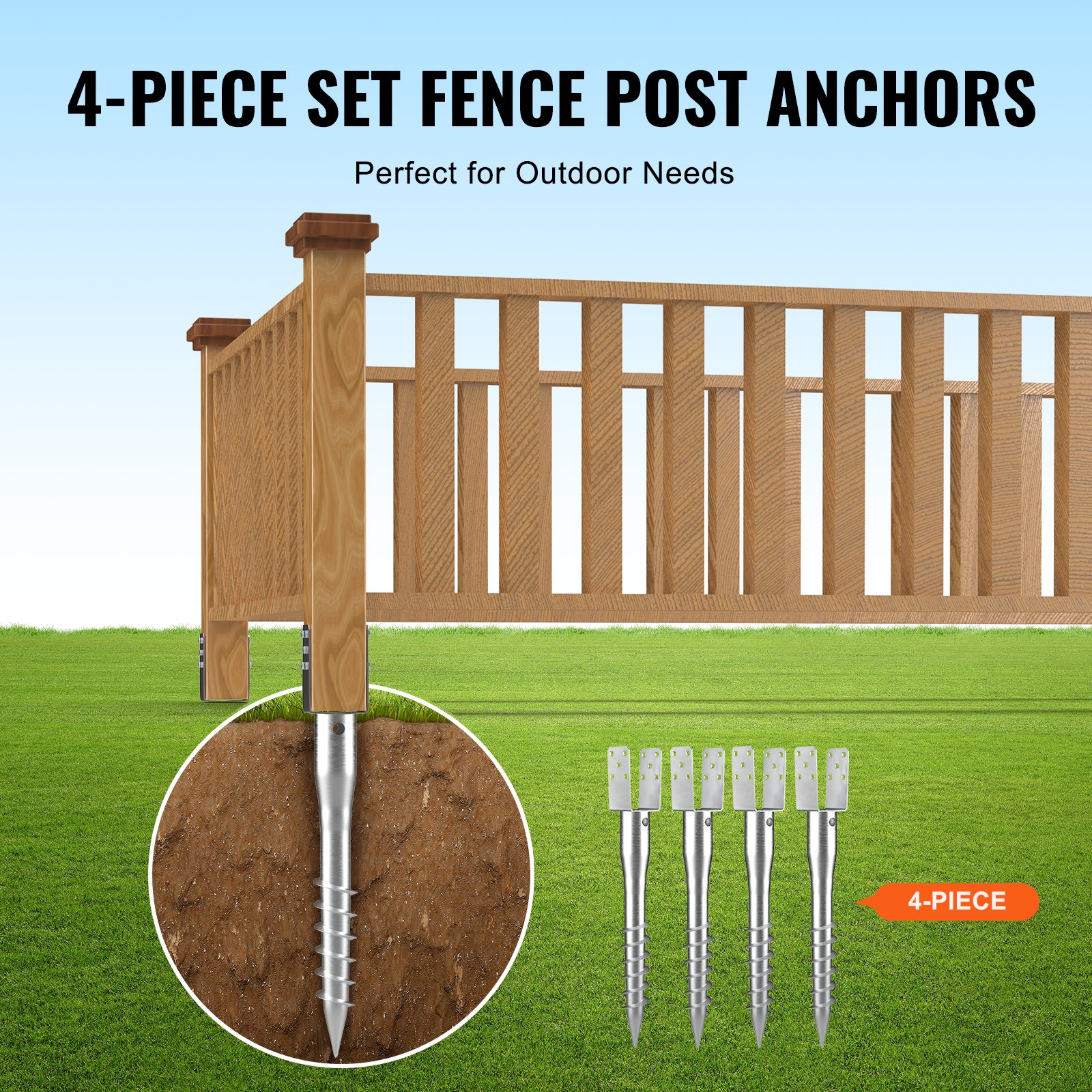 VEVOR no dig ground anchor 4-piece set securely supporting wooden fence in a grassy outdoor area.