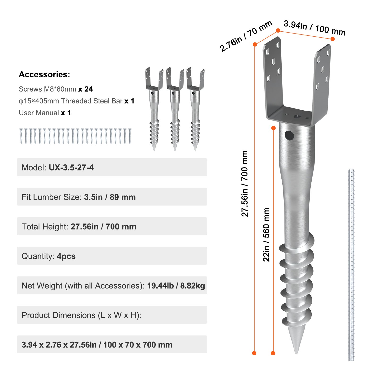 VEVOR no dig ground anchor model ux-3.5-27-4, 3.5in fit size, total height 27.56in, includes screws and steel bar.