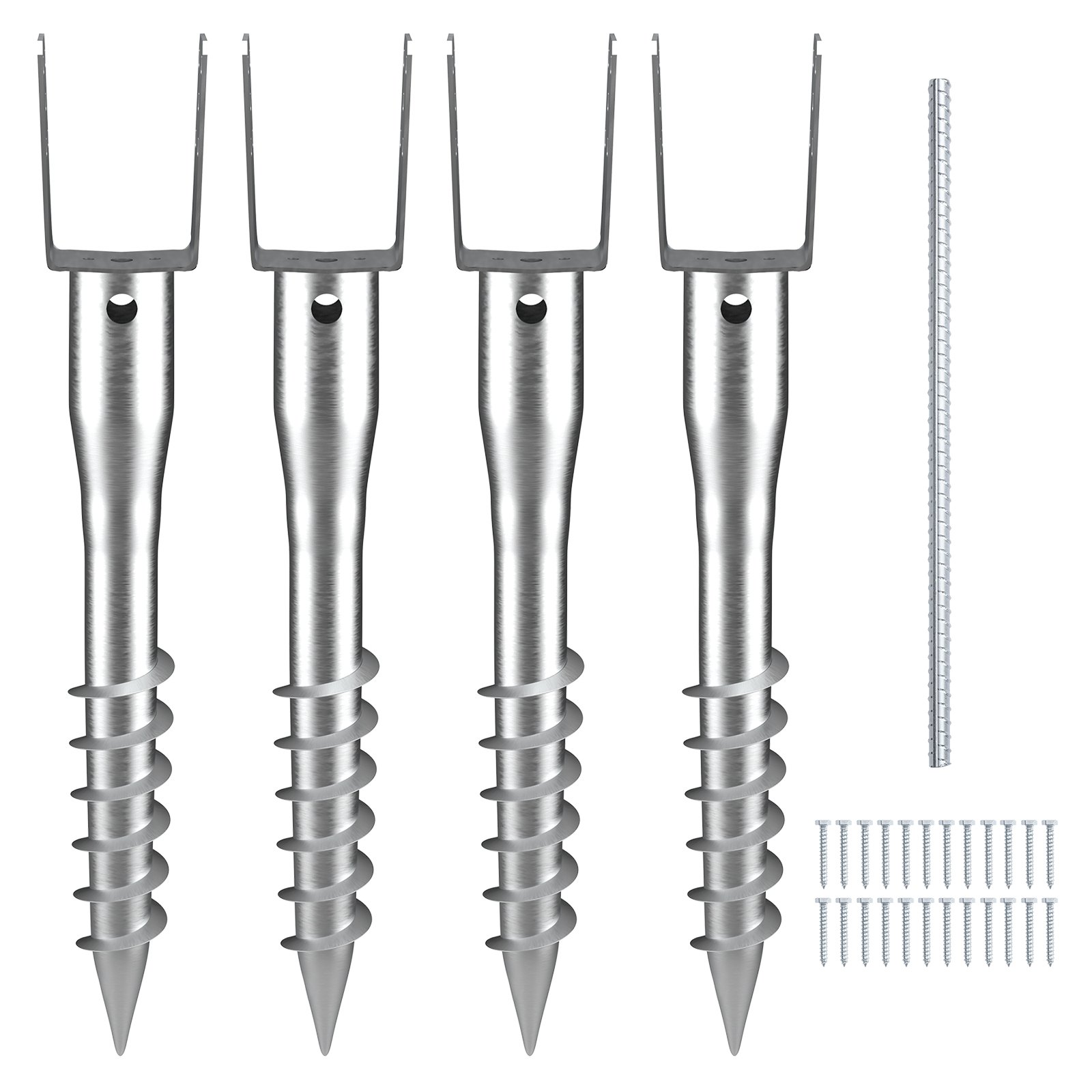 VEVOR no dig ground anchor set with four steel anchors, one rod, and screws.