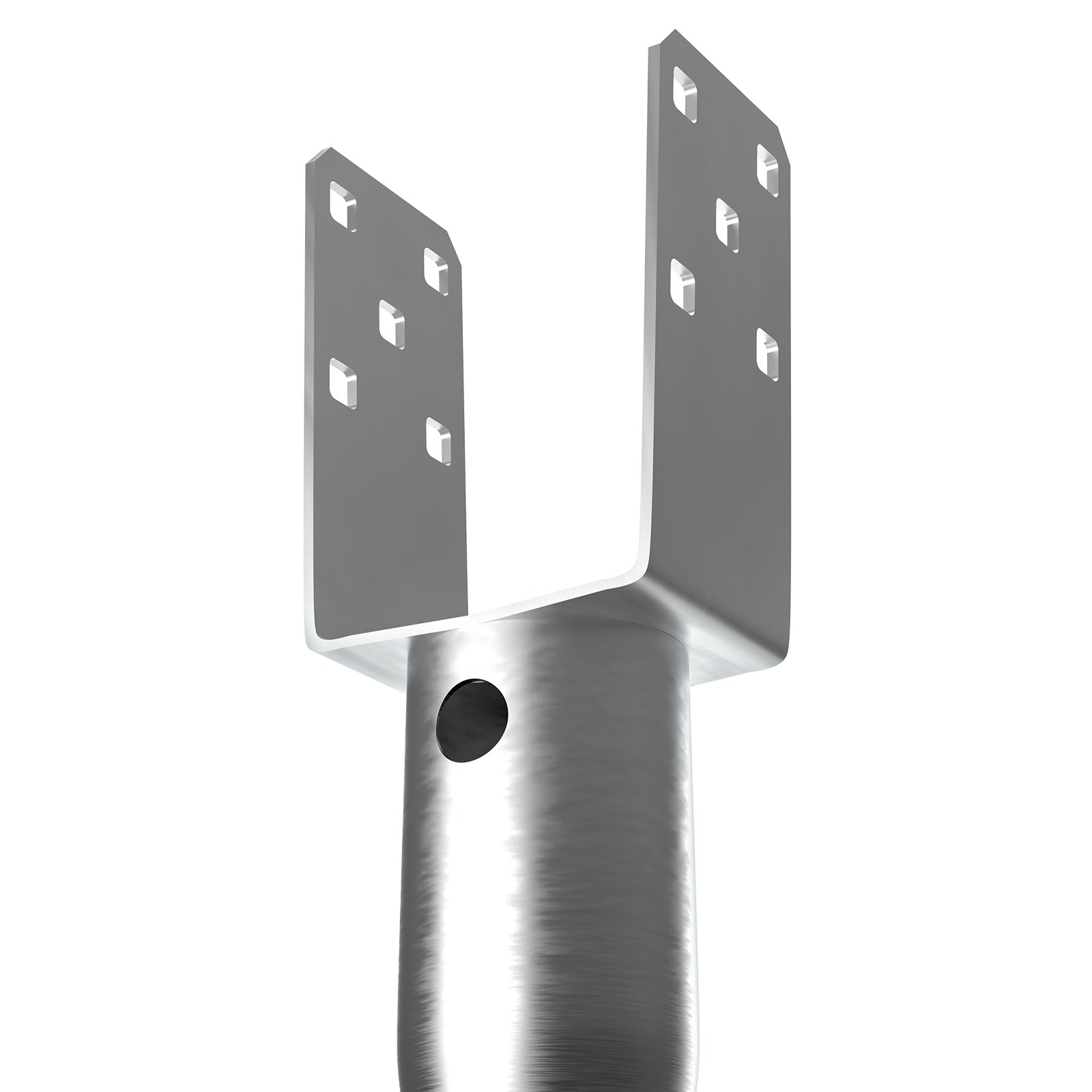 steel VEVOR no dig ground anchor with bolt holes, silver finish, close-up view.