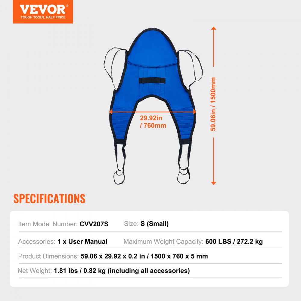 VEVOR Patient Lift Sling with Head Support- Small Size, U Shape Divided Leg Transfer Sling for Bathing, Patient Lift Medical Sling for Elderly, Disabled, Bedridden, 600LBS