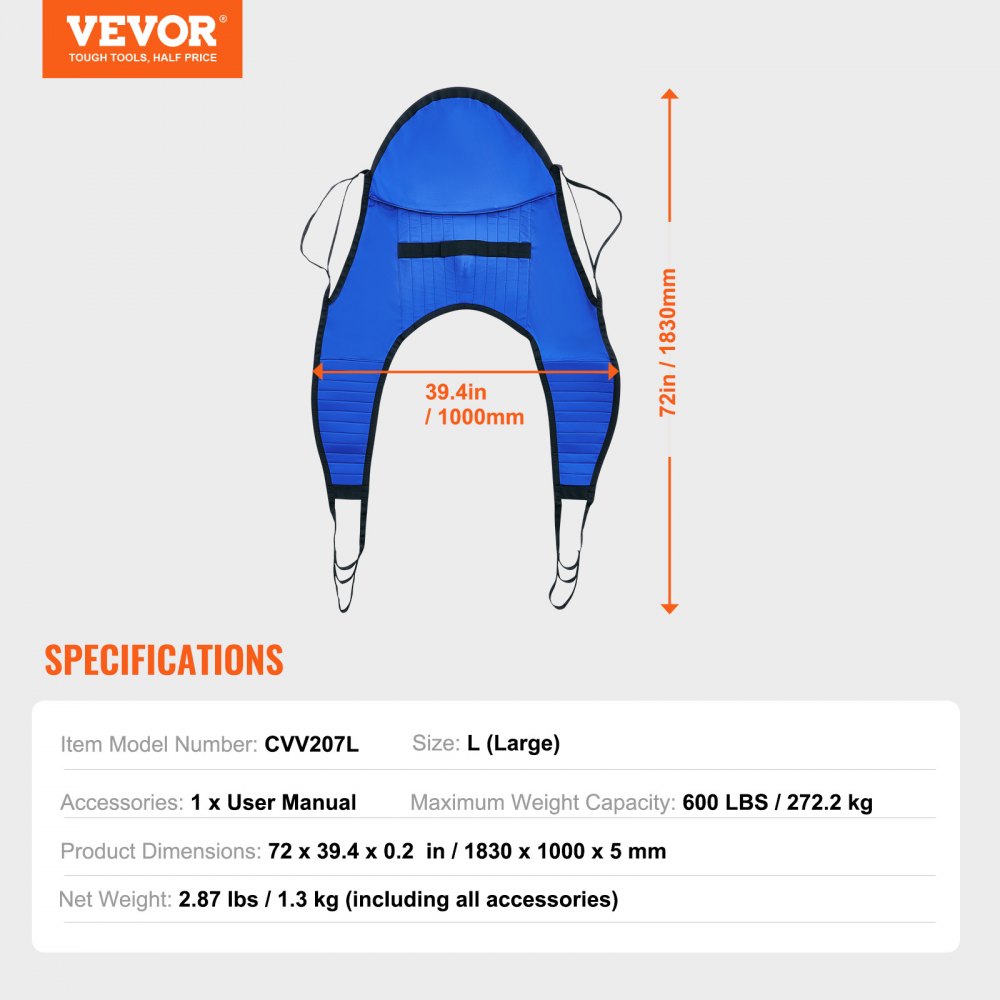VEVOR Patient Lift Sling with Head Support- Large Size, Universal Patient Lift Sling, Divided Leg Transfer Sling for Bathing, Patient Lift Medical Sling for Elderly, Disabled, Bedridden, 600LBS