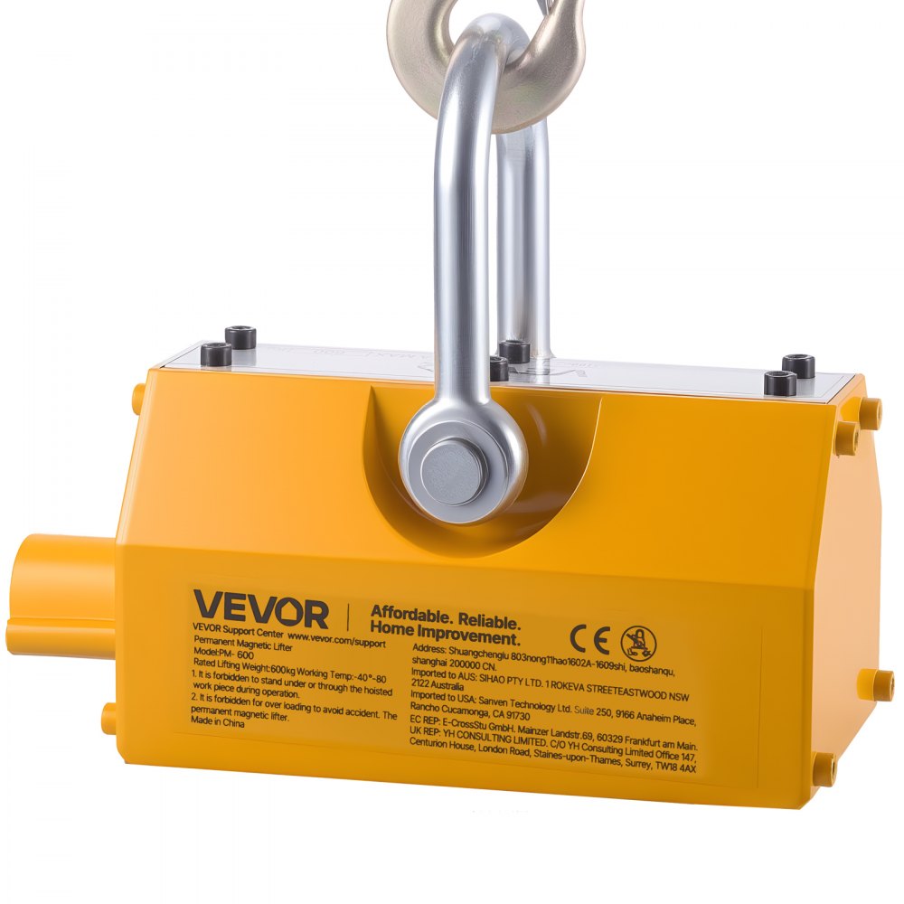 VEVOR Permanent Magnetic Lifter, 600 kg Pulling Capacity, Heavy Duty N42 Neodymium Lifting Magnet with Release Handle and Steel Hook, Used in Shop Crane and Hoist, for Lifting Plate Steel, Board