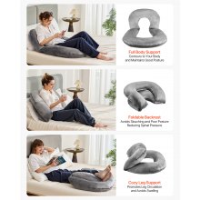 VEVOR Reading Pillow, Large Size U-Shaped Sitting up Pillow, Washable Bed Pillow with Soft Velvet, Bed Rest Back Pillow, Ideal for Reading, Gaming, Resting, Working, Grey