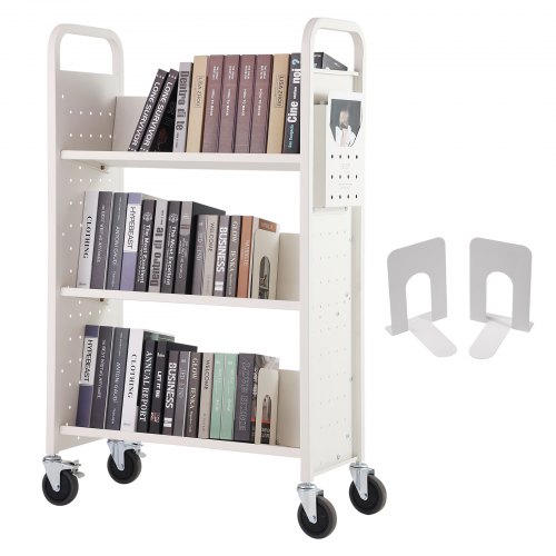 VEVOR Book Cart, 330 lbs Library Cart, 31.1" x 15.2" x 49.2" Rolling Book Cart, Single Sided V-Shaped Sloped Shelves with 4-Inch Lockable Wheels for Home Shelves Office and School, Book Truck in White