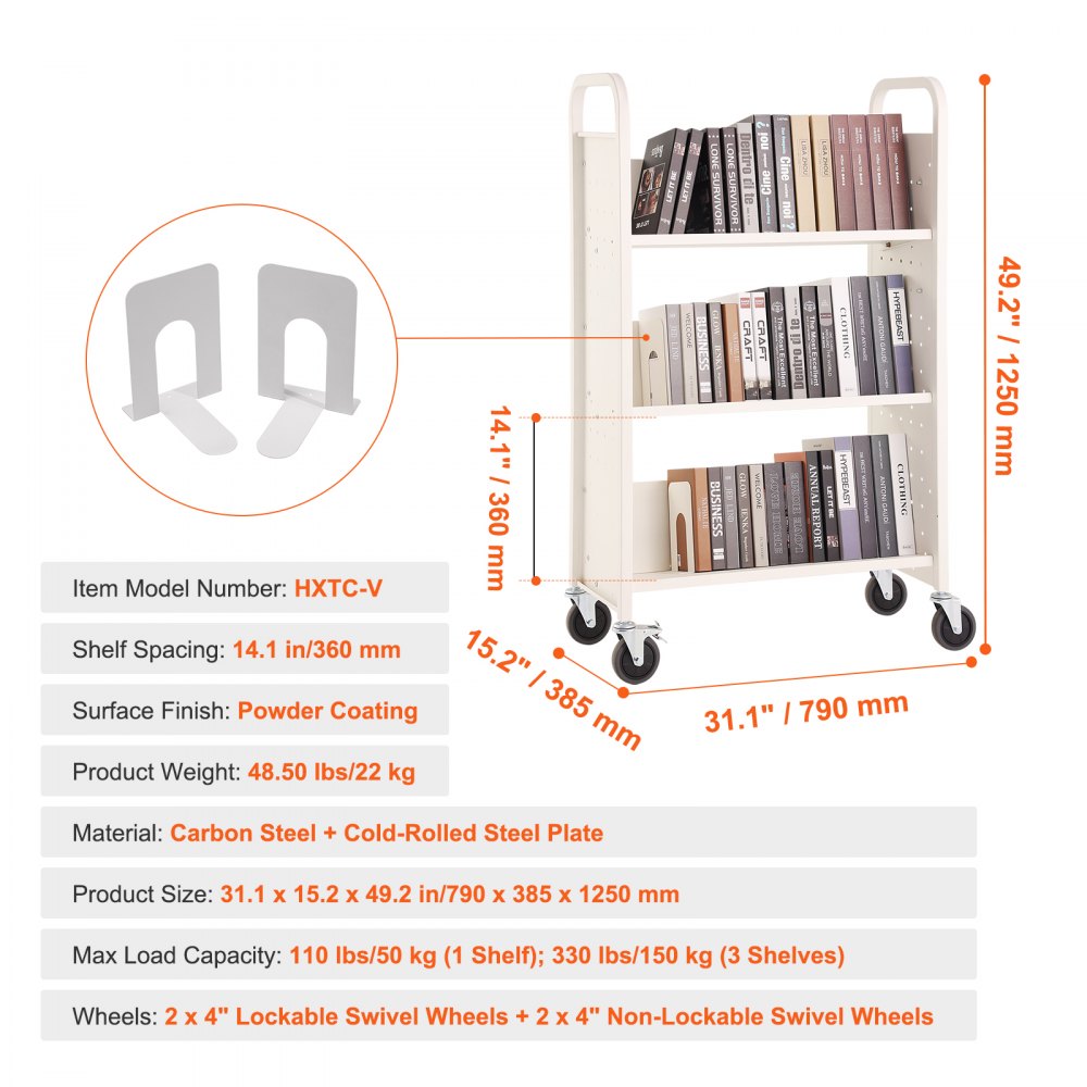 VEVOR Book Cart, 330 lbs Library Cart, 31.1" x 15.2" x 49.2" Rolling Book Cart, Single Sided V-Shaped Sloped Shelves with 4-Inch Lockable Wheels for Home Shelves Office and School, Book Truck in White