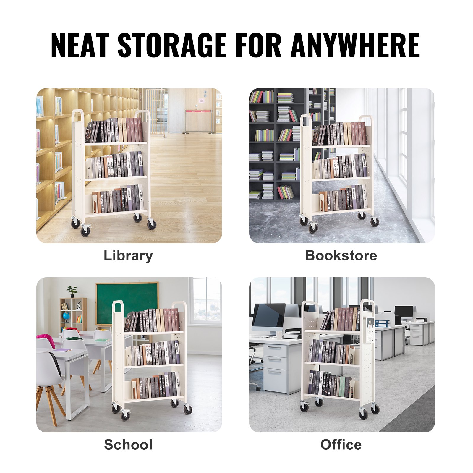 VEVOR Book Cart, 330 lbs Library Cart, 31.1" x 15.2" x 49.2" Rolling Book Cart, Single Sided V-Shaped Sloped Shelves with 4-Inch Lockable Wheels for Home Shelves Office and School, Book Truck in White