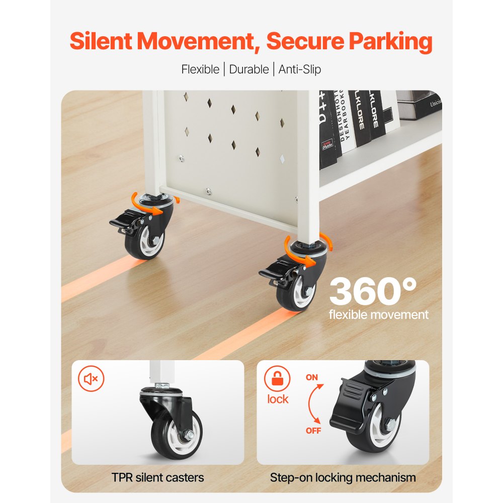 VEVOR Rolling Library Book Cart, 330 lbs Capacity, 30.3 x 15 x 48.0-Inch Library Cart, Single Sided V-Shaped Shelves with 3-Inch Lockable Wheels, Book Truck for Home Shelves Office and School, White