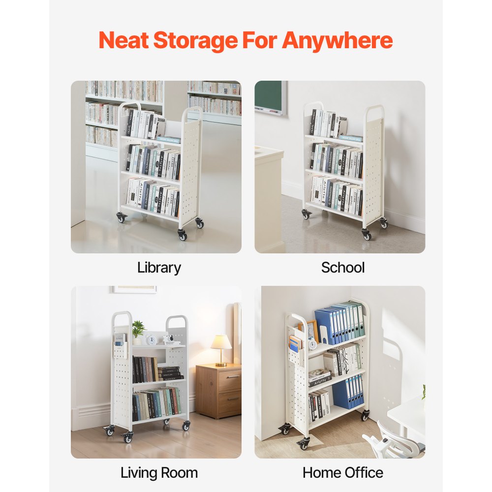 VEVOR Rolling Library Book Cart, 330 lbs Capacity, 30.3 x 15 x 48.0-Inch Library Cart, Single Sided V-Shaped Shelves with 3-Inch Lockable Wheels, Book Truck for Home Shelves Office and School, White