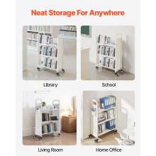 VEVOR 3-Tier Rolling Book Cart Single Sided V-Shaped Shelves Book Truck in White