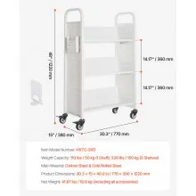VEVOR 3-Tier Rolling Book Cart Single Sided V-Shaped Shelves Book Truck in White