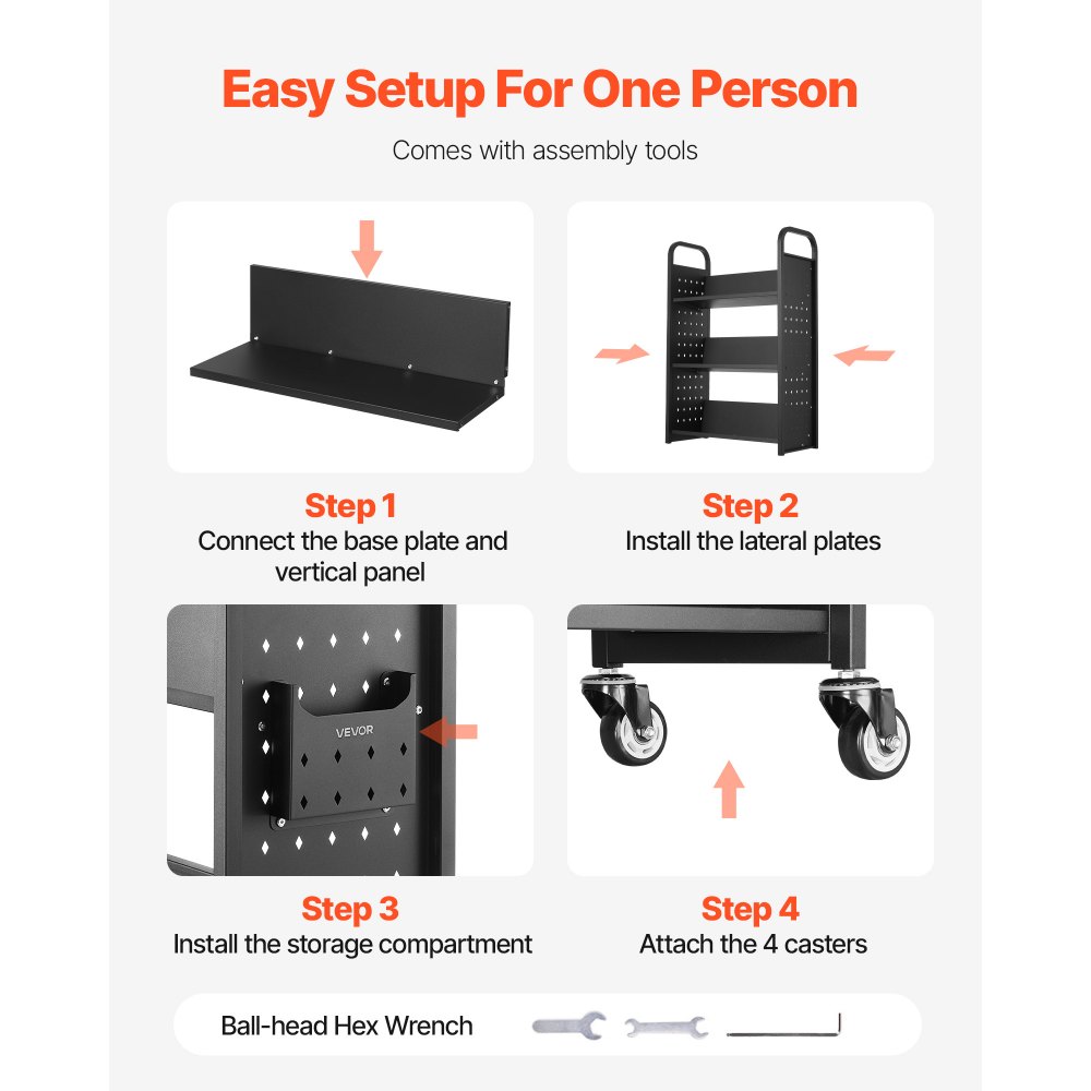 VEVOR Rolling Library Book Cart, 330 lbs Capacity, 30.3 x 15 x 48.0-Inch Library Cart, Single Sided V-Shaped Shelves with 3-Inch Lockable Wheels, Book Truck for Home Shelves Office and School, Black