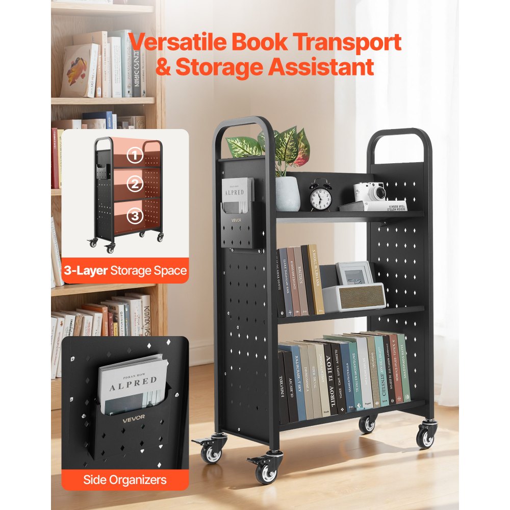 VEVOR Rolling Library Book Cart, 330 lbs Capacity, 30.3 x 15 x 48.0-Inch Library Cart, Single Sided V-Shaped Shelves with 3-Inch Lockable Wheels, Book Truck for Home Shelves Office and School, Black