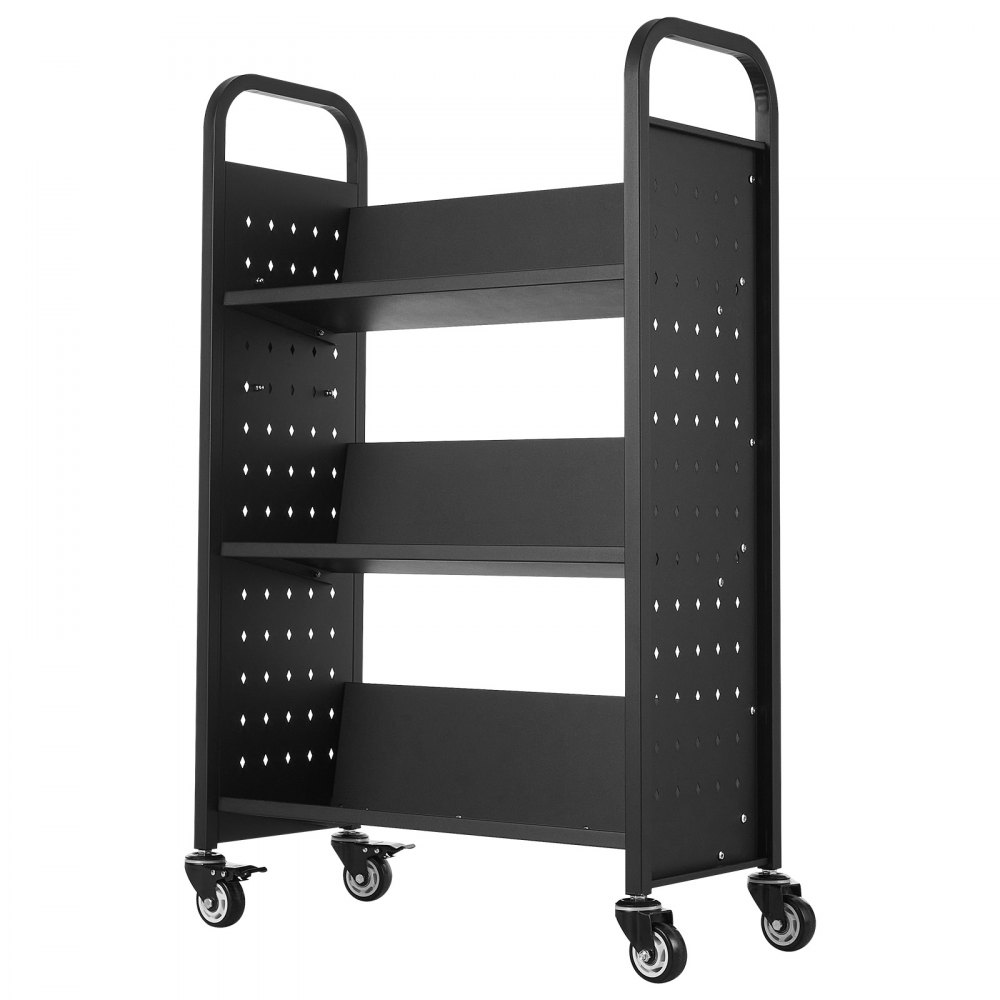 VEVOR Rolling Library Book Cart, 330 lbs Capacity, 30.3 x 15 x 48.0-Inch Library Cart, Single Sided V-Shaped Shelves with 3-Inch Lockable Wheels, Book Truck for Home Shelves Office and School, Black