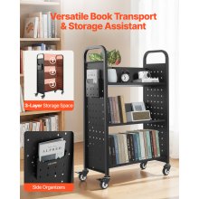 VEVOR 3-Tier Rolling Book Cart Single Sided V-Shaped Shelves Book Truck in Black