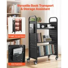 VEVOR 3-Tier Rolling Book Cart Single Sided V-Shaped Shelves Book Truck in Black
