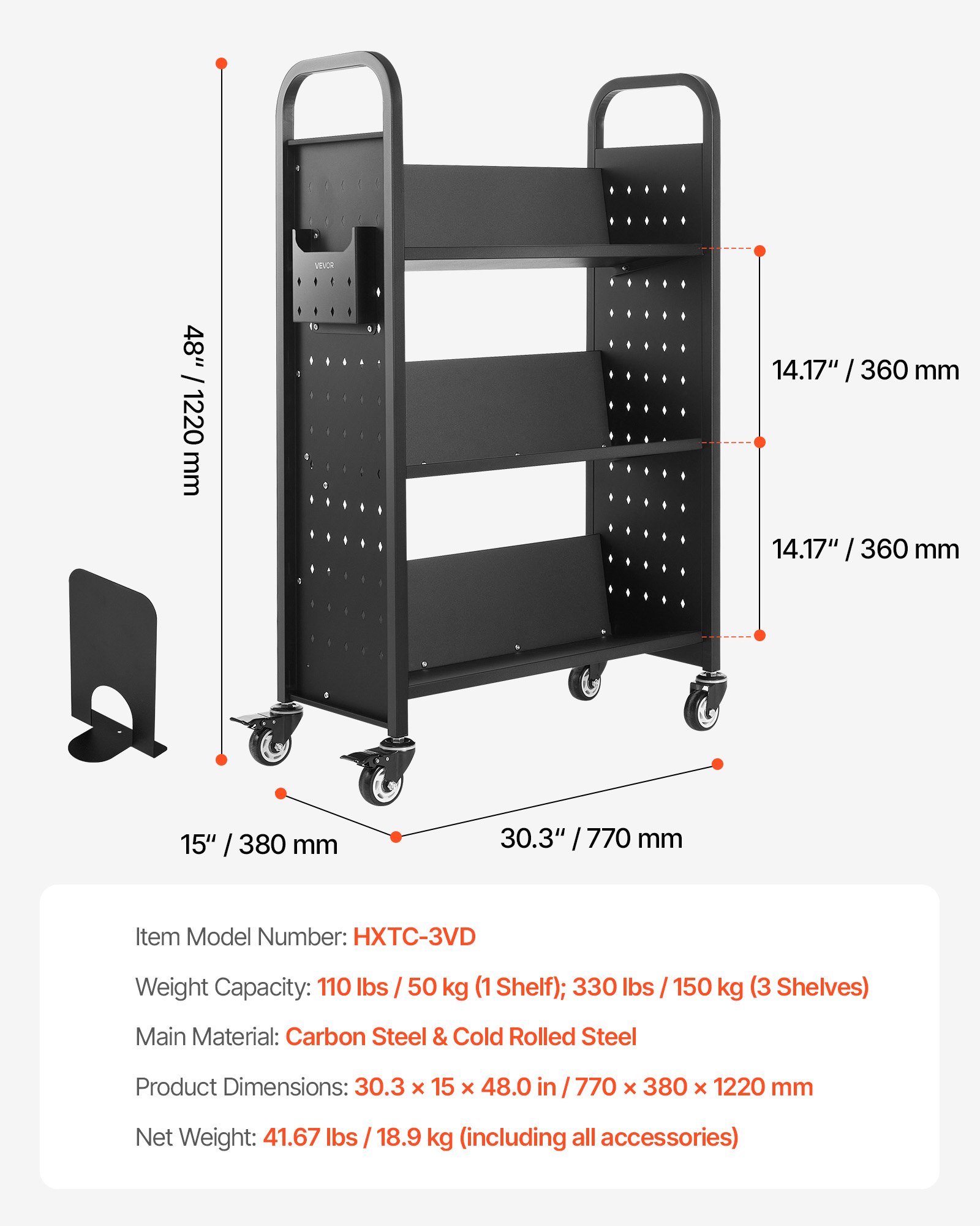 VEVOR Rolling Library Book Cart, 330 lbs Capacity, 30.3 x 15 x 48.0-Inch Library Cart, Single Sided V-Shaped Shelves with 3-Inch Lockable Wheels, Book Truck for Home Shelves Office and School, Black