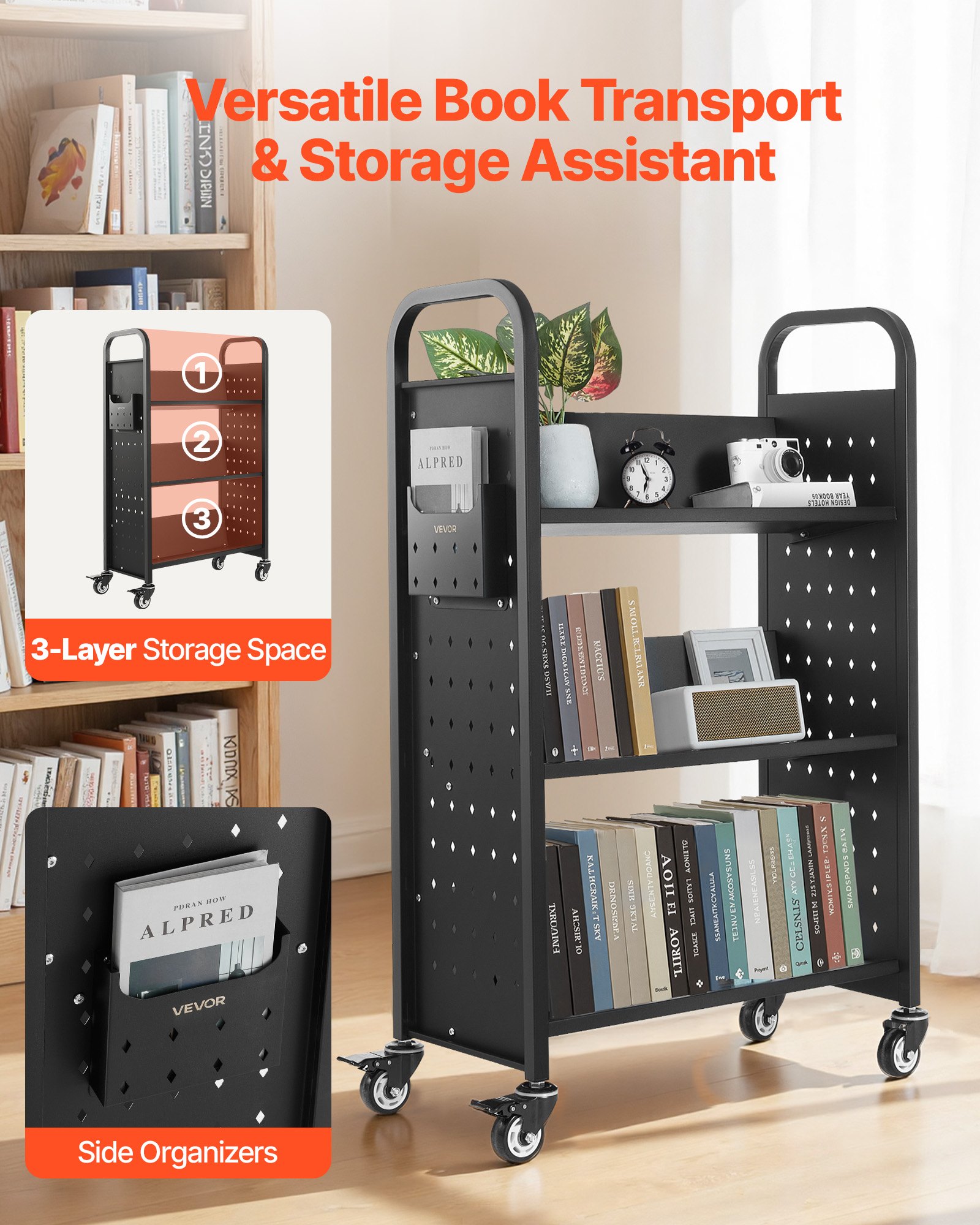 VEVOR Rolling Library Book Cart, 330 lbs Capacity, 30.3 x 15 x 48.0-Inch Library Cart, Single Sided V-Shaped Shelves with 3-Inch Lockable Wheels, Book Truck for Home Shelves Office and School, Black