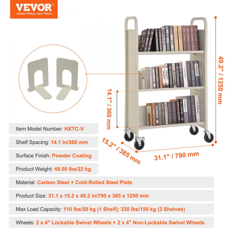VEVOR Book Cart, 330 lbs Library Cart, 31.1" x 15.2" x 49.2" Rolling Book Cart, Single Sided V-Shaped Sloped Shelves with 4-Inch Lockable Wheels for Home Shelves Office and School, Book Truck in Cream
