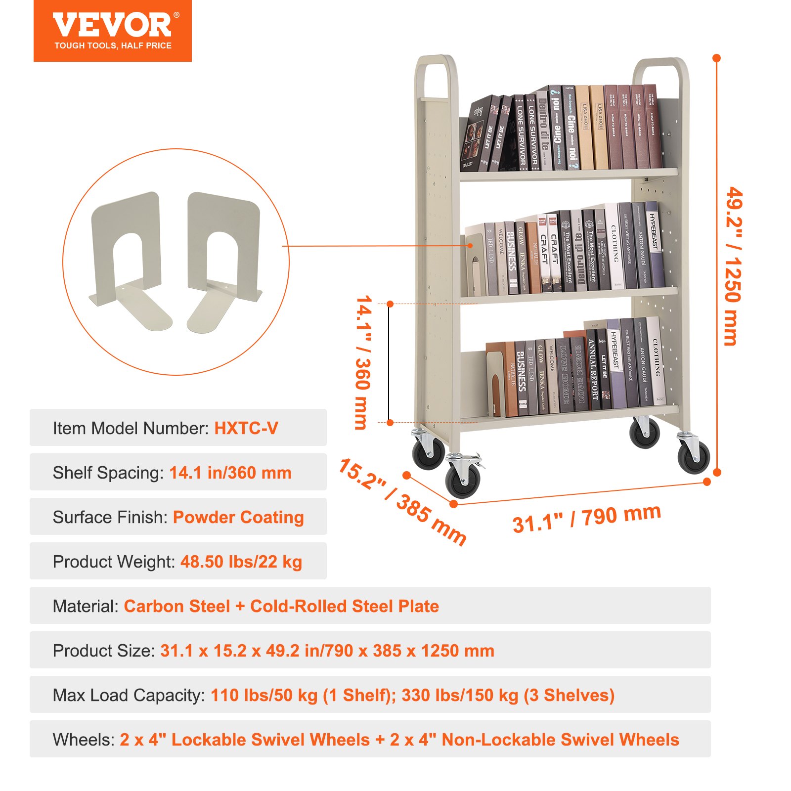 VEVOR Book Cart, 330 lbs Library Cart, 31.1" x 15.2" x 49.2" Rolling Book Cart, Single Sided V-Shaped Sloped Shelves with 4-Inch Lockable Wheels for Home Shelves Office and School, Book Truck in Cream