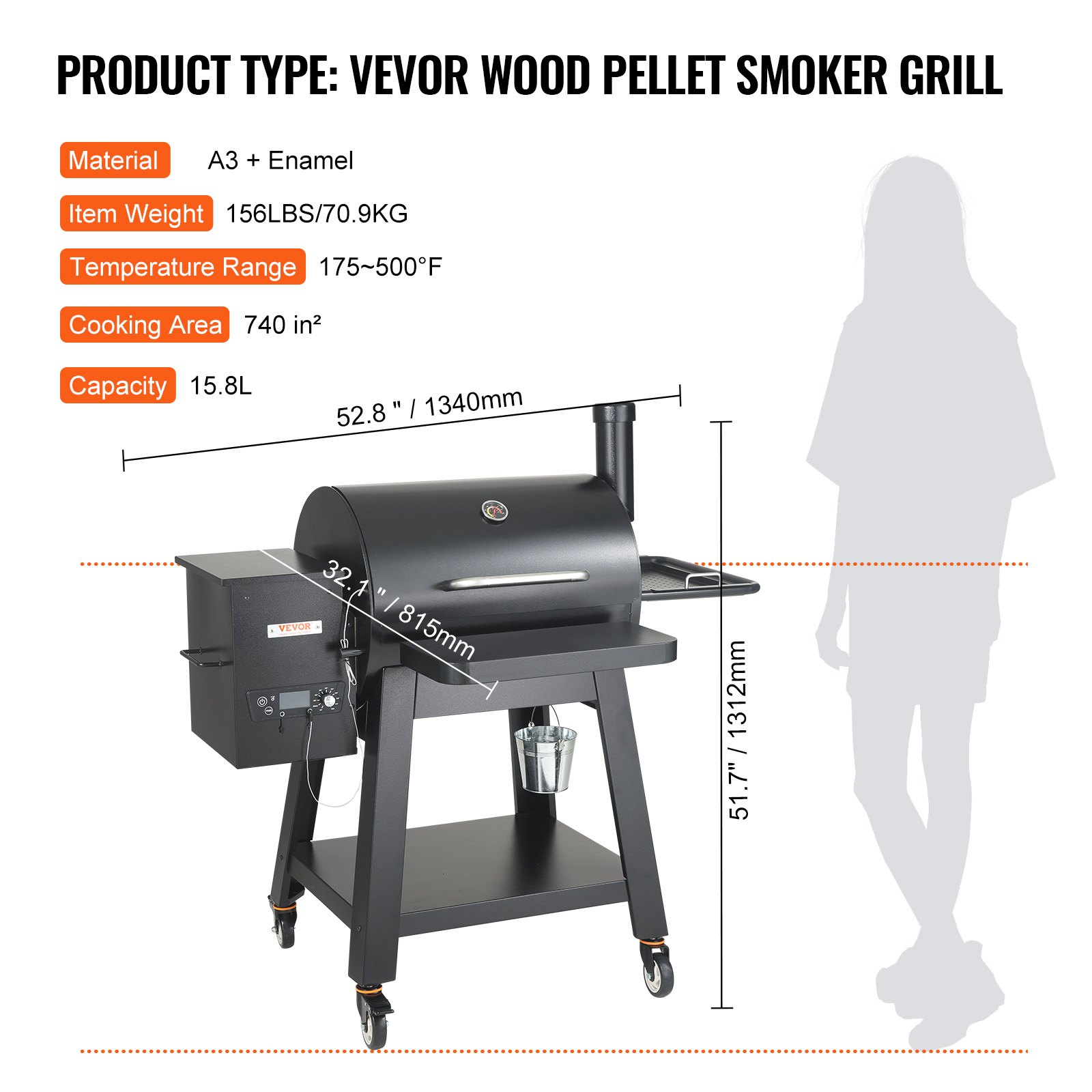 VEVOR 53 inch Portable Charcoal Grill, Propane Gas Grills with Cover and Cart, Heavy Duty Iron BBQ Grill, Mini Tabletop Smoker for Outdoor Cooking, Barbecue Camping, Picnic, Patio, and Backyard, Black