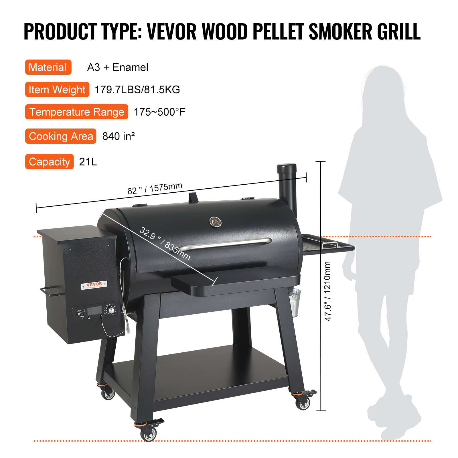 VEVOR 62 inch Portable Charcoal Grill, Propane Gas Grills with Cover and Cart, Heavy Duty Iron BBQ Grill, Mini Tabletop Smoker for Outdoor Cooking, Barbecue Camping, Picnic, Patio, and Backyard, Black