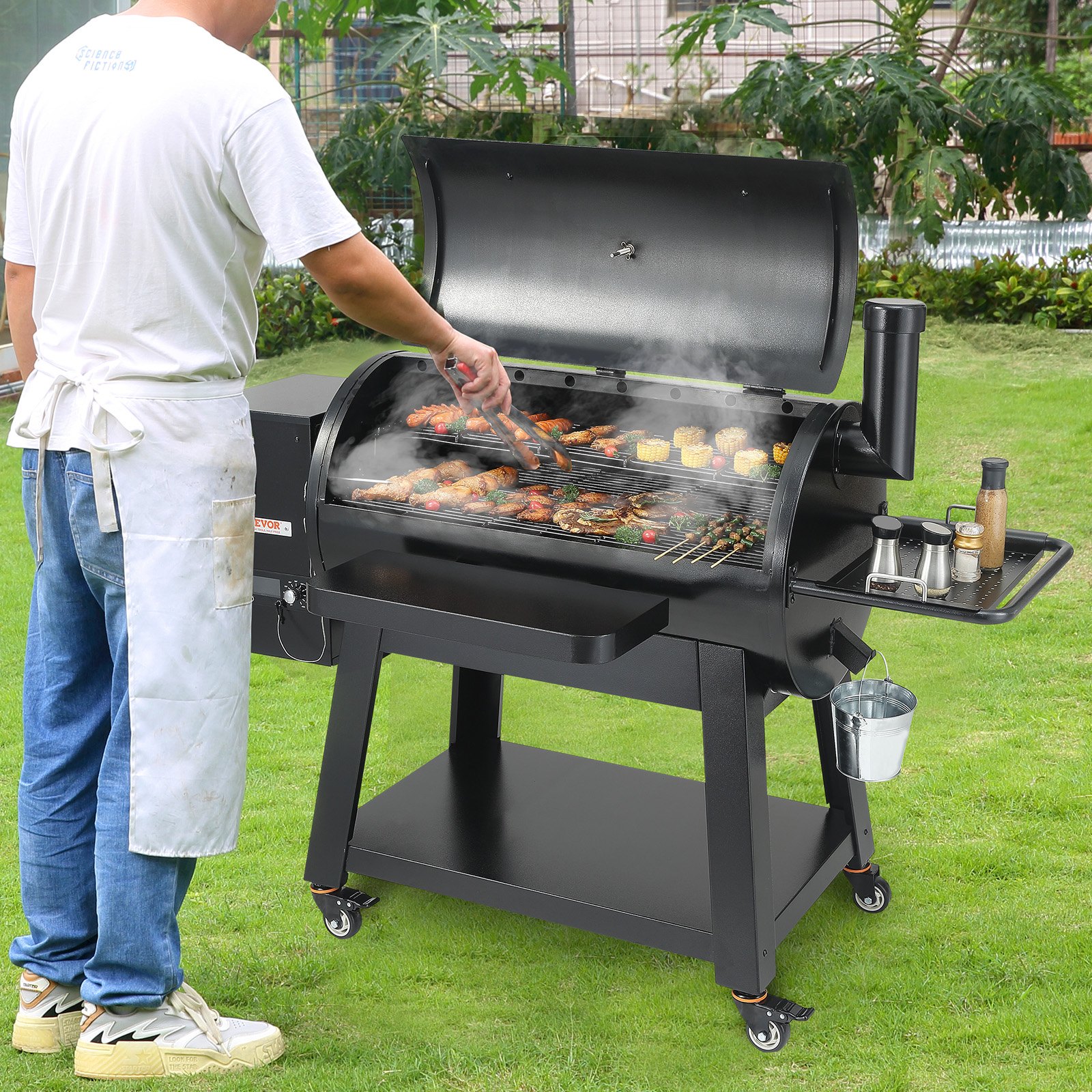 VEVOR 62 inch Portable Charcoal Grill, Propane Gas Grills with Cover and Cart, Heavy Duty Iron BBQ Grill, Mini Tabletop Smoker for Outdoor Cooking, Barbecue Camping, Picnic, Patio, and Backyard, Black