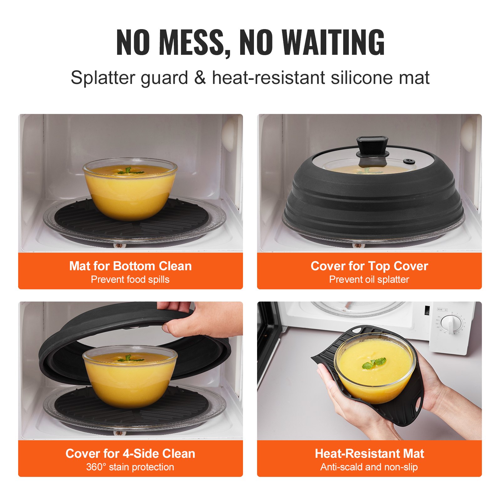 VEVOR Microwave Splatter Cover & Mat, 10.8" Collapsible Microwave Lid for Food, 500°F Heat-Resistant Silicone & Tempered Glass Splatter Guard for Plate Dish, Multi-Purpose Kitchen Gadget with Handle