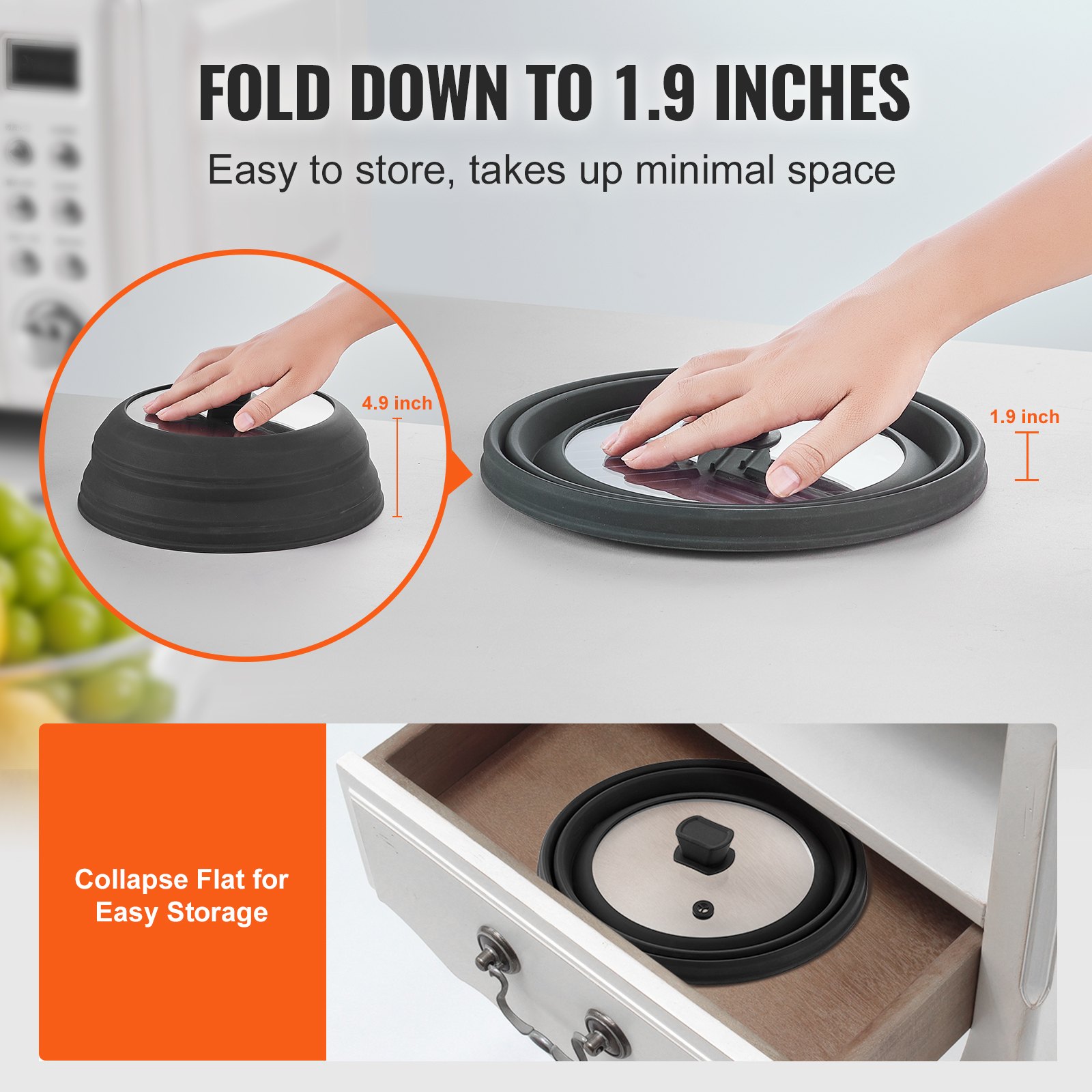 VEVOR Microwave Splatter Cover & Mat, 10.8" Collapsible Microwave Lid for Food, 500°F Heat-Resistant Silicone & Tempered Glass Splatter Guard for Plate Dish, Multi-Purpose Kitchen Gadget with Handle