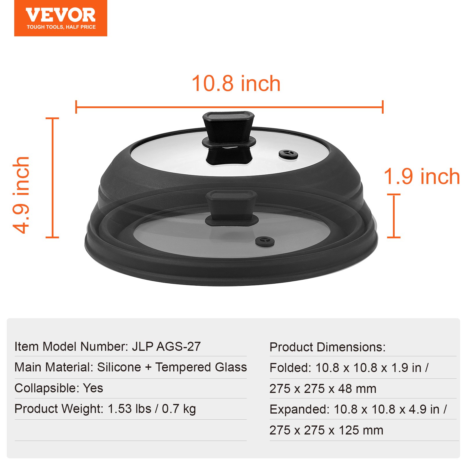 VEVOR Microwave Splatter Cover & Mat, 10.8" Collapsible Microwave Lid for Food, 500°F Heat-Resistant Silicone & Tempered Glass Splatter Guard for Plate Dish, Multi-Purpose Kitchen Gadget with Handle