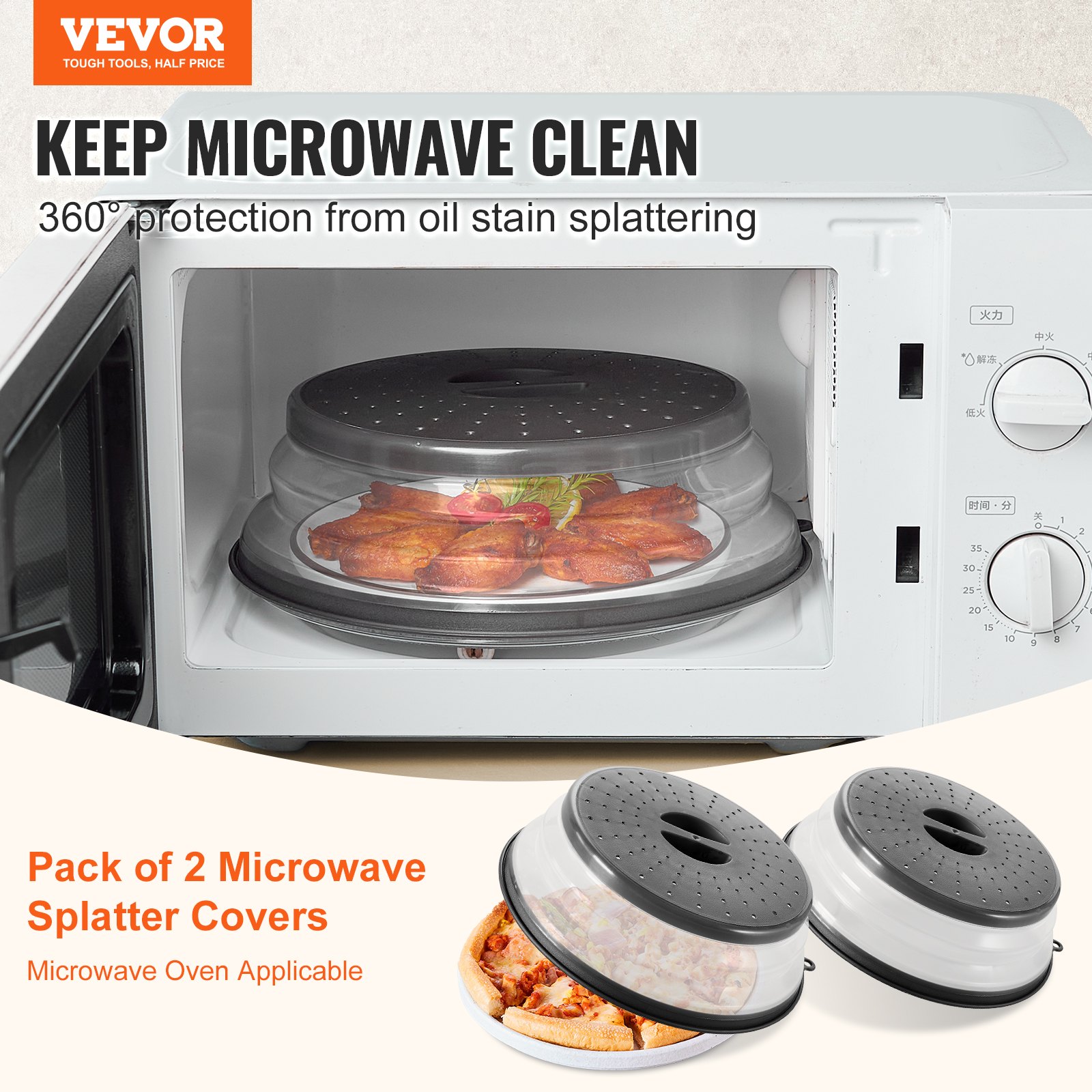 VEVOR 2PCS Microwave Splatter Covers, 10.4" Collapsible Microwave Lid for Food, 300°F Heat-Resistant PP Splatter Guard for Plate Dish, Multi-Use Kitchen Colander Gadget for Washing Fruits Vegetables