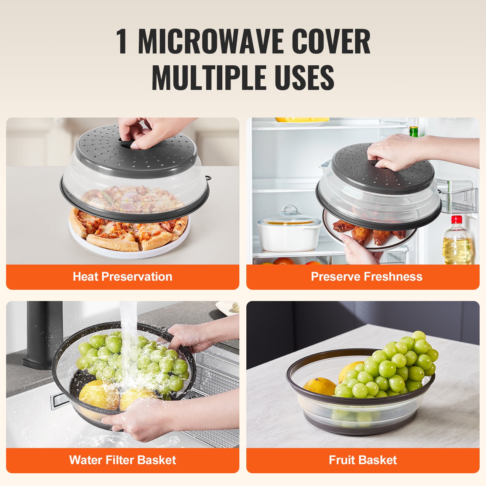 VEVOR 2PCS Microwave Splatter Covers, 10.4" Collapsible Microwave Lid for Food, 300°F Heat-Resistant PP Splatter Guard for Plate Dish, Multi-Use Kitchen Colander Gadget for Washing Fruits Vegetables
