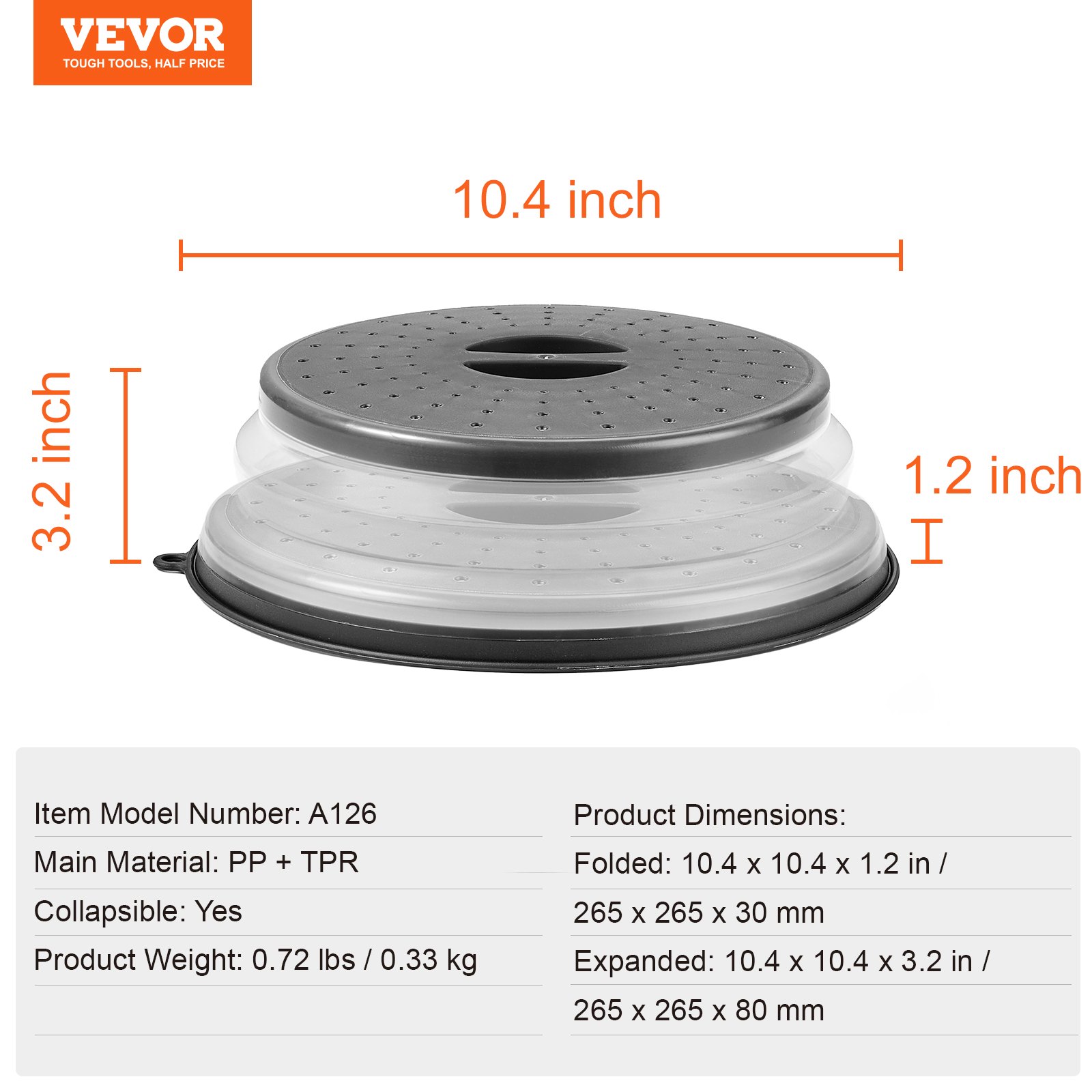 VEVOR 2PCS Microwave Splatter Covers, 10.4" Collapsible Microwave Lid for Food, 300°F Heat-Resistant PP Splatter Guard for Plate Dish, Multi-Use Kitchen Colander Gadget for Washing Fruits Vegetables