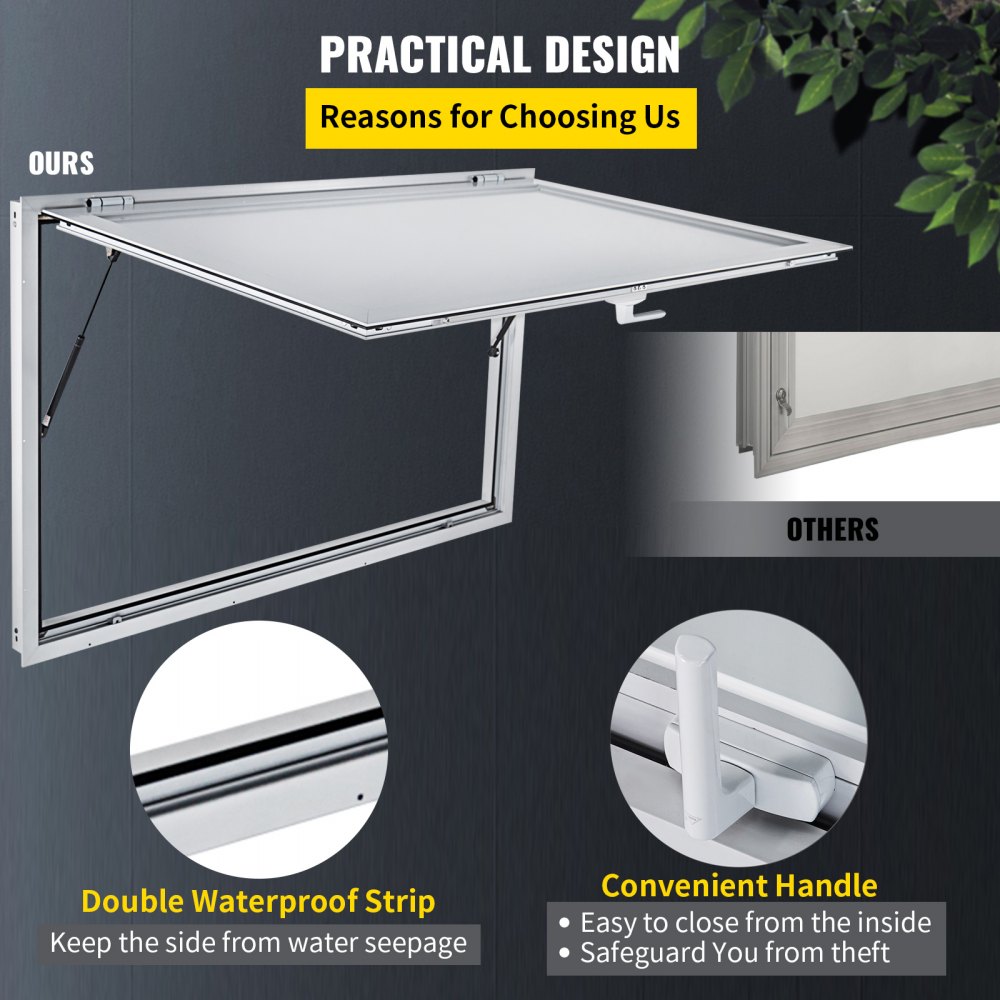 VEVOR Concession Window 36 x 24 Inch, Concession Stand Serving Window Door with Double-Point Fork Lock, Concession Awning Door Up to 85 degrees for Food Trucks, Glass Not Included