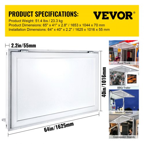VEVOR Concession Window 64 x 40 Inch, Concession Stand Serving Window Door with Double-Point Fork Lock, Concession Awning Door Up to 85 degrees for Food Trucks, Glass Not Included