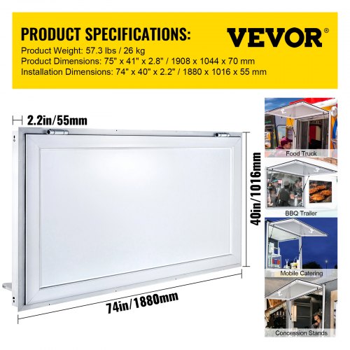 VEVOR Concession Window 74x40 Inch – Aluminum Service Window For Food Trucks, Awning & Hydraulic Rods, Rainproof