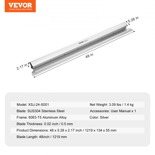 VEVOR Drywall Skimming Blade 48 in. Smoothing Knife Stainless Steel Blade Professional Skim Coat Tools For Drywall Wipe