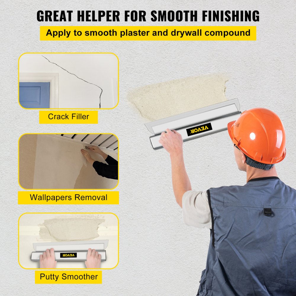 VEVOR Drywall Skimming Blade, 32inch Smoothing Knock-Down Knife, Stainless Steel Putty Knife Finishing Tool, High-Impact End Caps for Sheetrock Drywall Gyprock Wall-Board Plasterboard