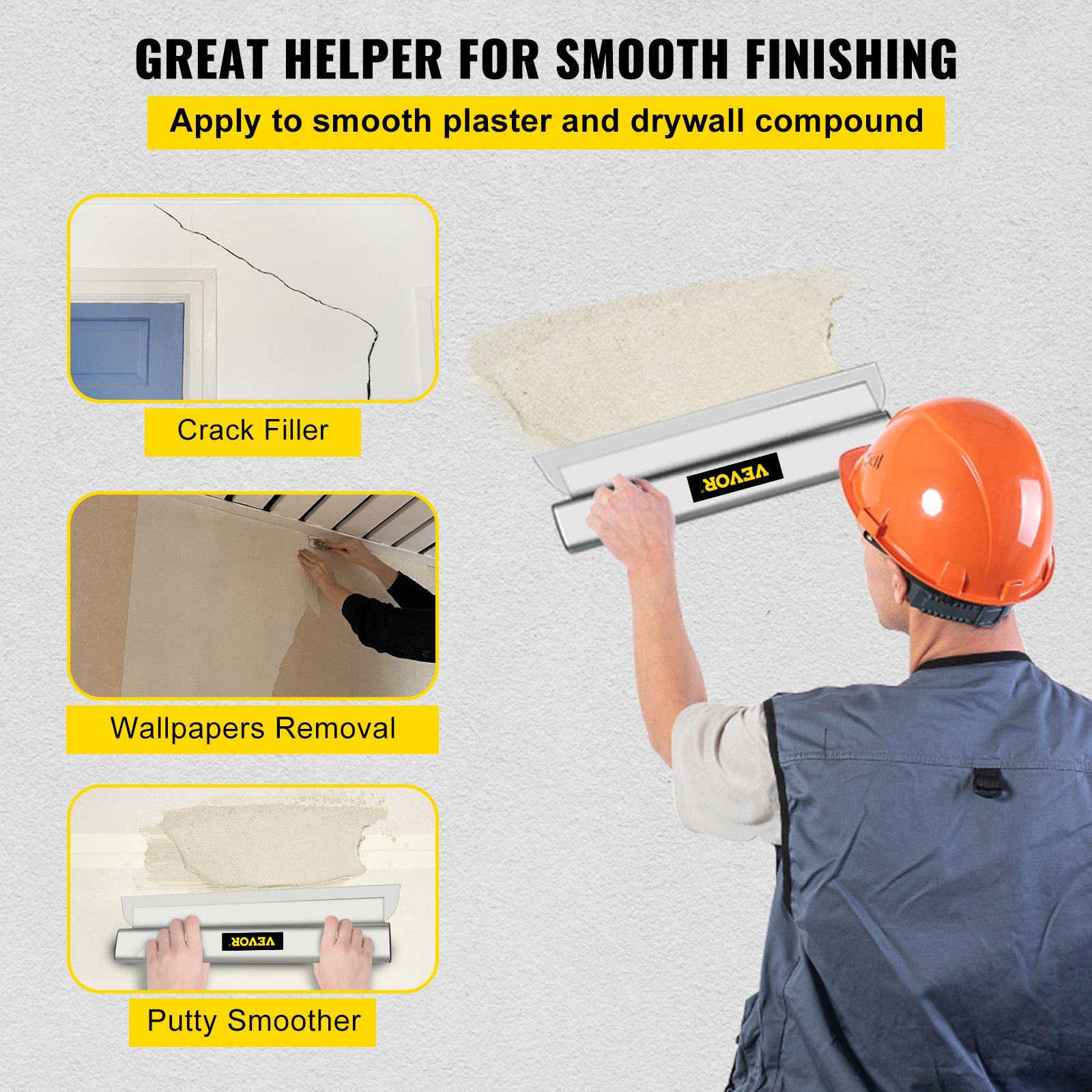 VEVOR Drywall Skimming Blade, 32inch Smoothing Knock-Down Knife, Stainless Steel Putty Knife Finishing Tool, High-Impact End Caps for Sheetrock Drywall Gyprock Wall-Board Plasterboard