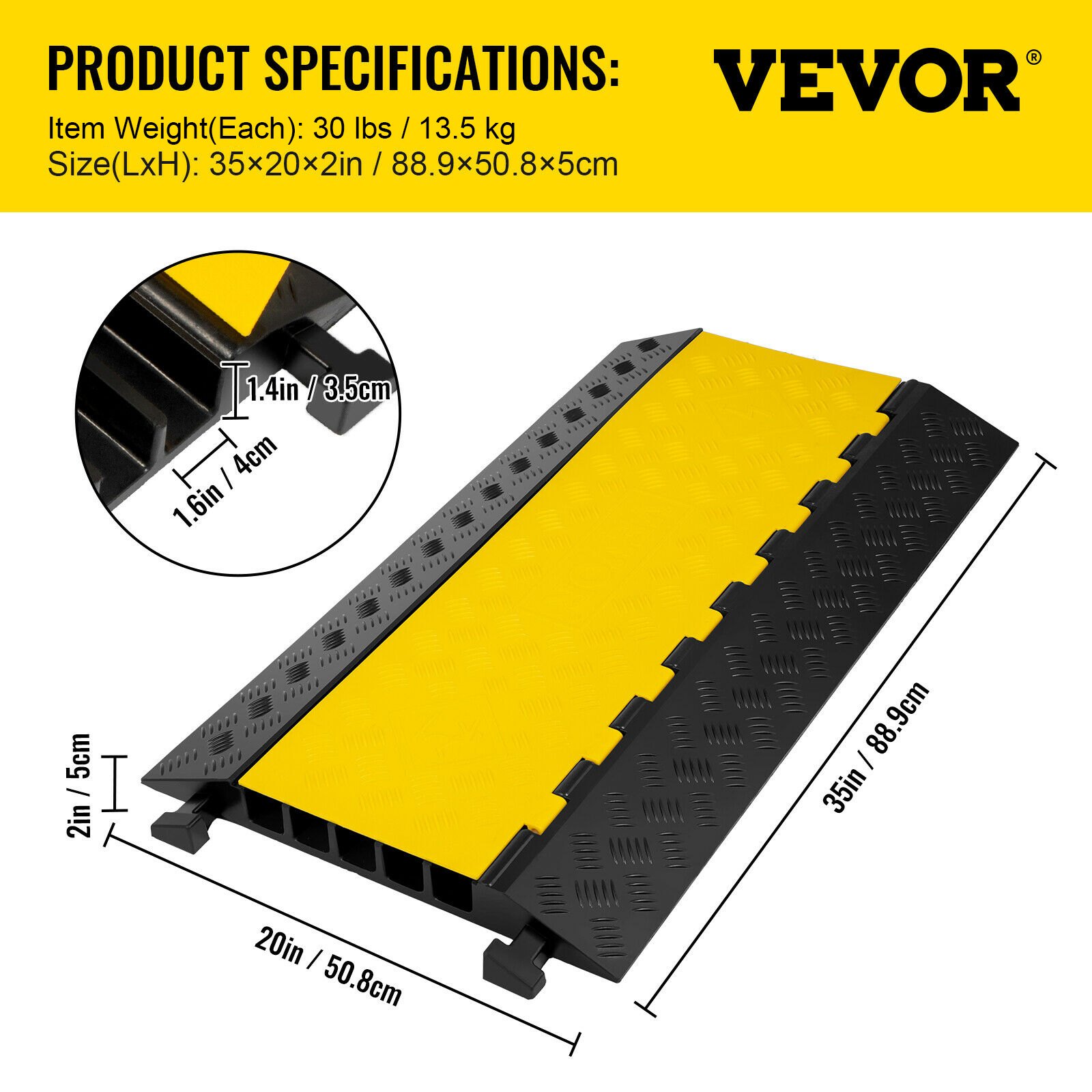 VEVOR 5 channel cable protectors with dimensions and weight details in black and yellow