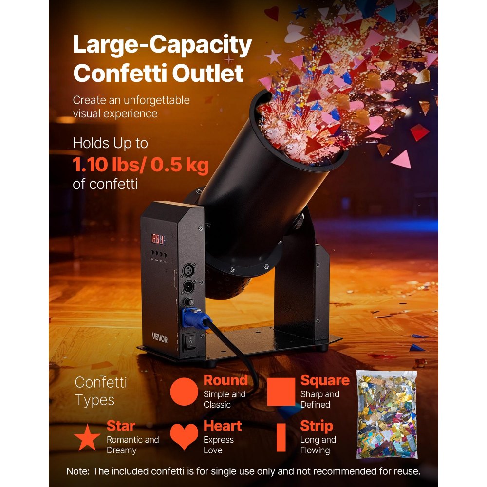 VEVOR Electric Confetti Machine, 1500W Powerful Output Confetti Cannon Launcher, DMX512, Manual & Remote Control, Portable Confe-tti Shooter for Wedding Christmas Party Event Show Stage Nightclub