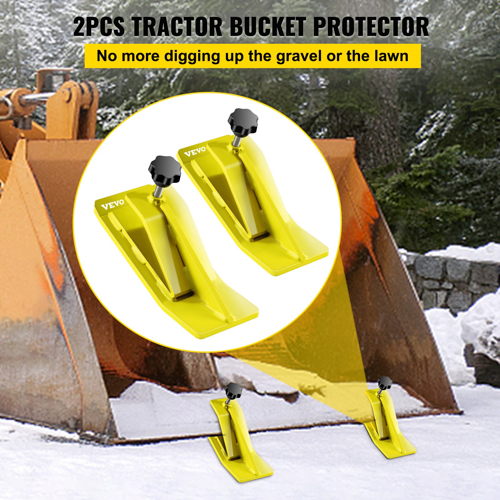 VEVOR tractor bucket protector in yellow, displayed on a snowy background.