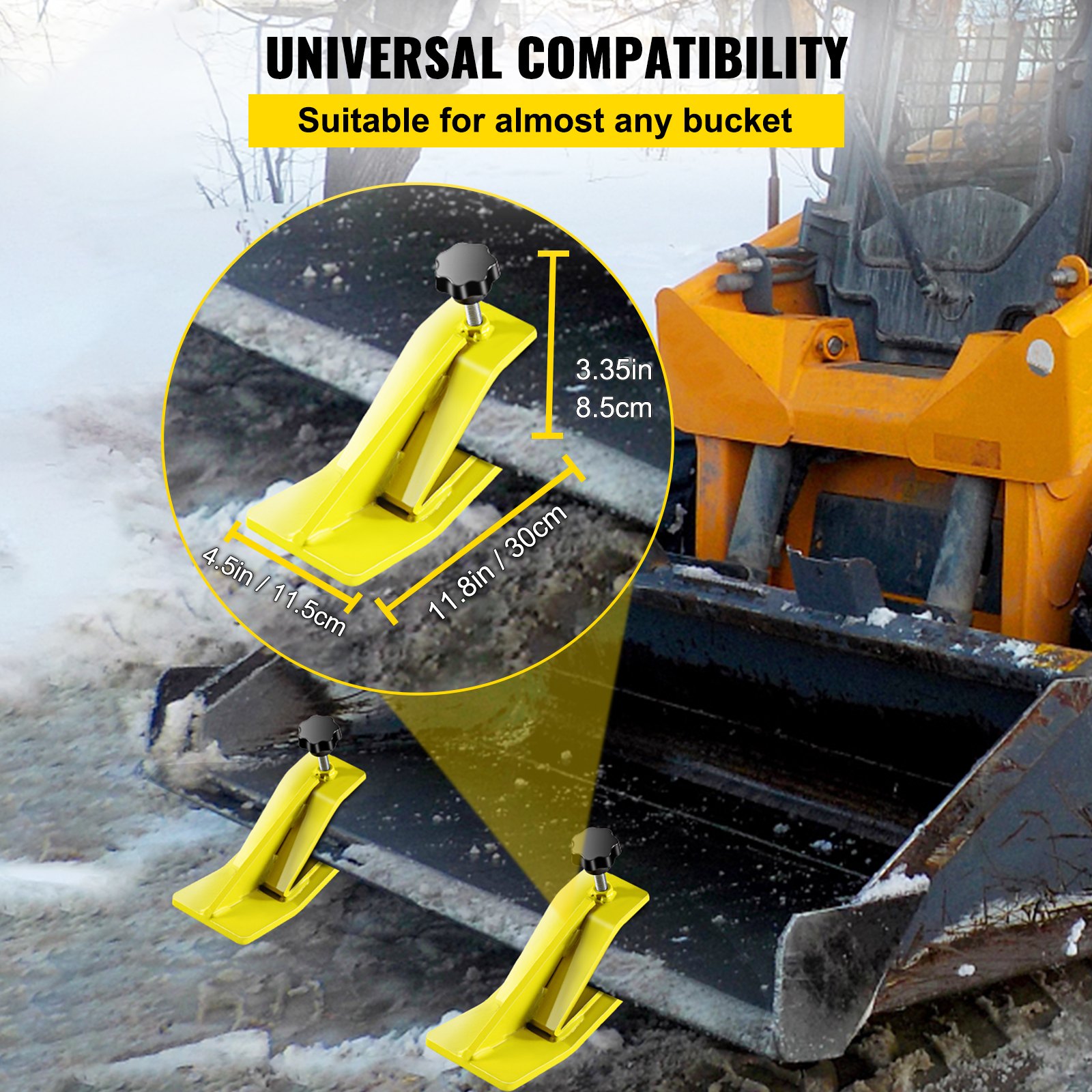 yellow VEVOR tractor bucket protector with universal compatibility in snowy background.