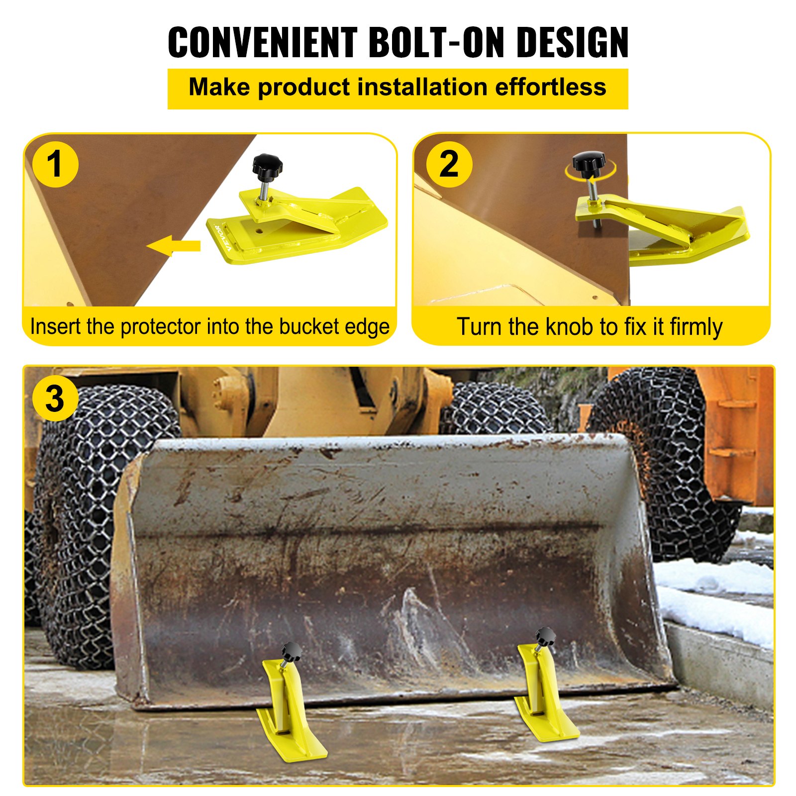 VEVOR tractor bucket protector installation with bolt-on design and secure knob fixation.