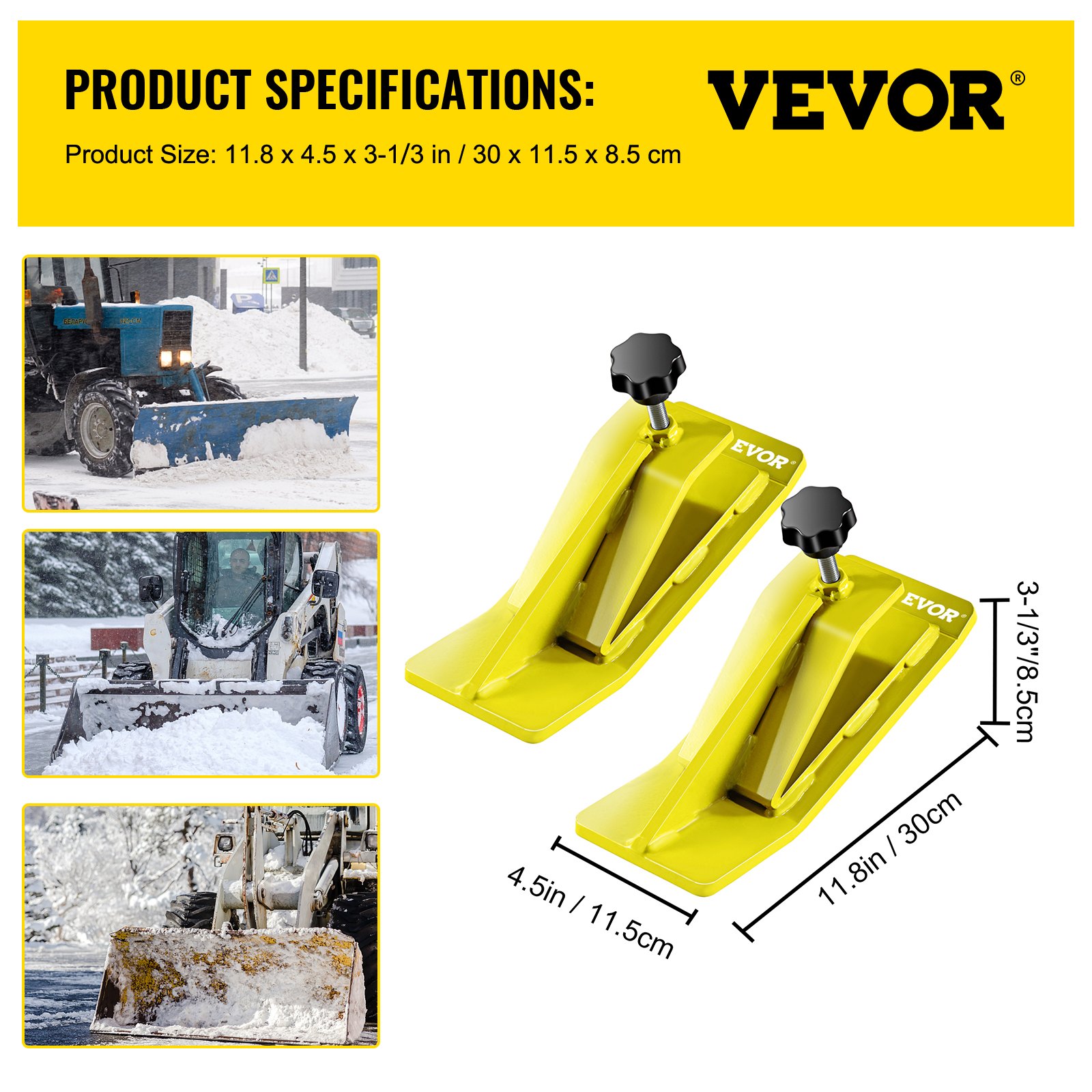 VEVOR tractor bucket protector, product specs, snow removal machinery in action.