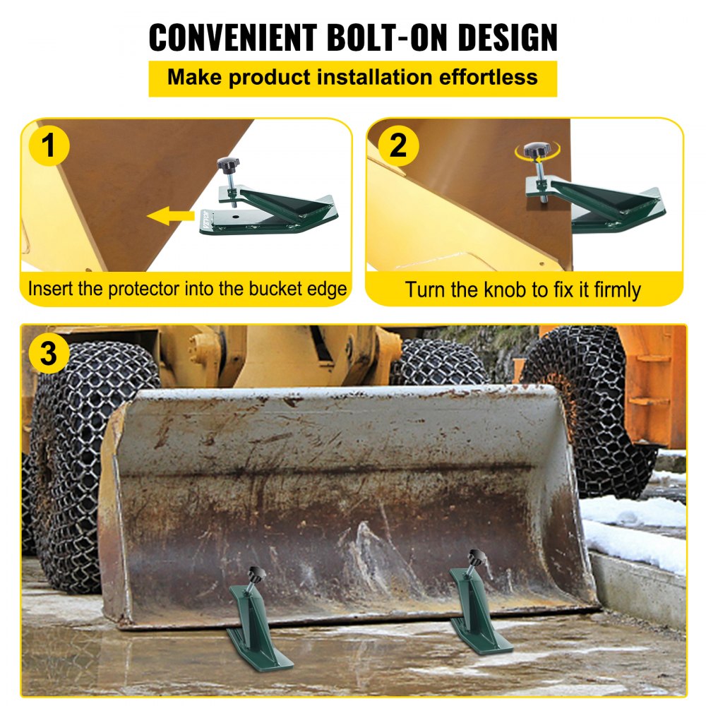 VEVOR Protector de cubo para tractor, 2 protectores de borde de esquí, protector antideslizante para domador de césped de 12 pulgadas de largo, 4 pulgadas de ancho, accesorio de cubo de acero resistente para eliminación de hojas de nieve, esparcir grava, verde