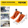 VEVOR tractor bucket protector in orange with measurements shown and snow plowing examples.