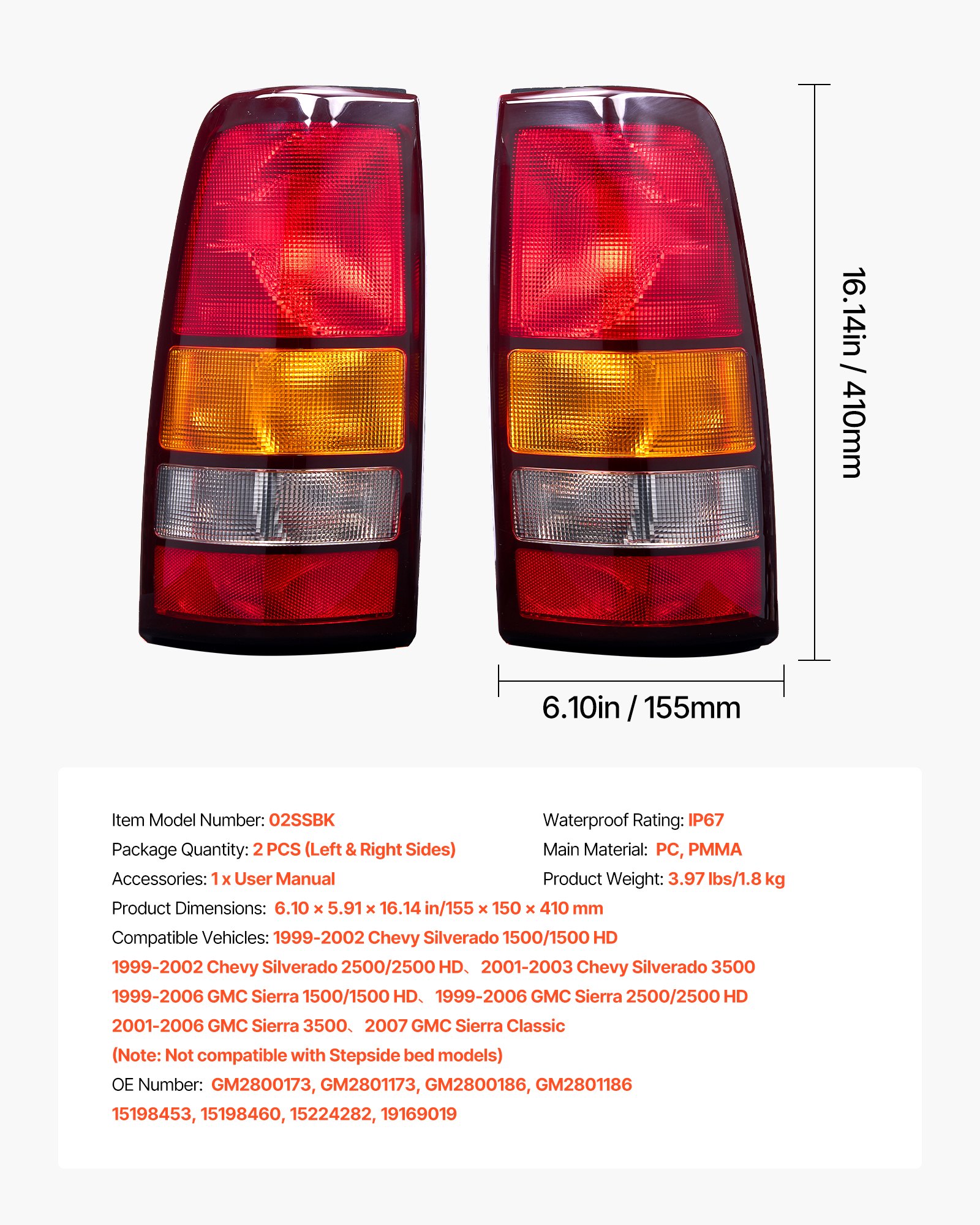 VEVOR Tail Light Assembly Compatible with 1999-2003 Chevy Silverado 1999-2006 GMC Sierra 1500 1500 HD 2500 2500 HD 3500, 2007 GMC Sierra Classic Driver & Passenger Side Taillights without Bulbs (2PCS)