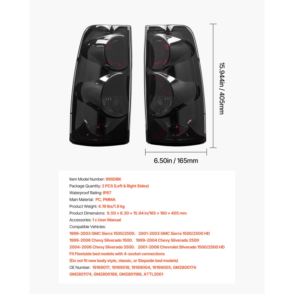 VEVOR Tail Light Assembly Compatible with 1999-2006 Chevy Silverado 1500 2500 3500, 1999-2003 GMC Sierra 1500 2500 1500/2500 HD, 2PCS Left & Right Side Taillights Rear Brake Lamps without Bulbs