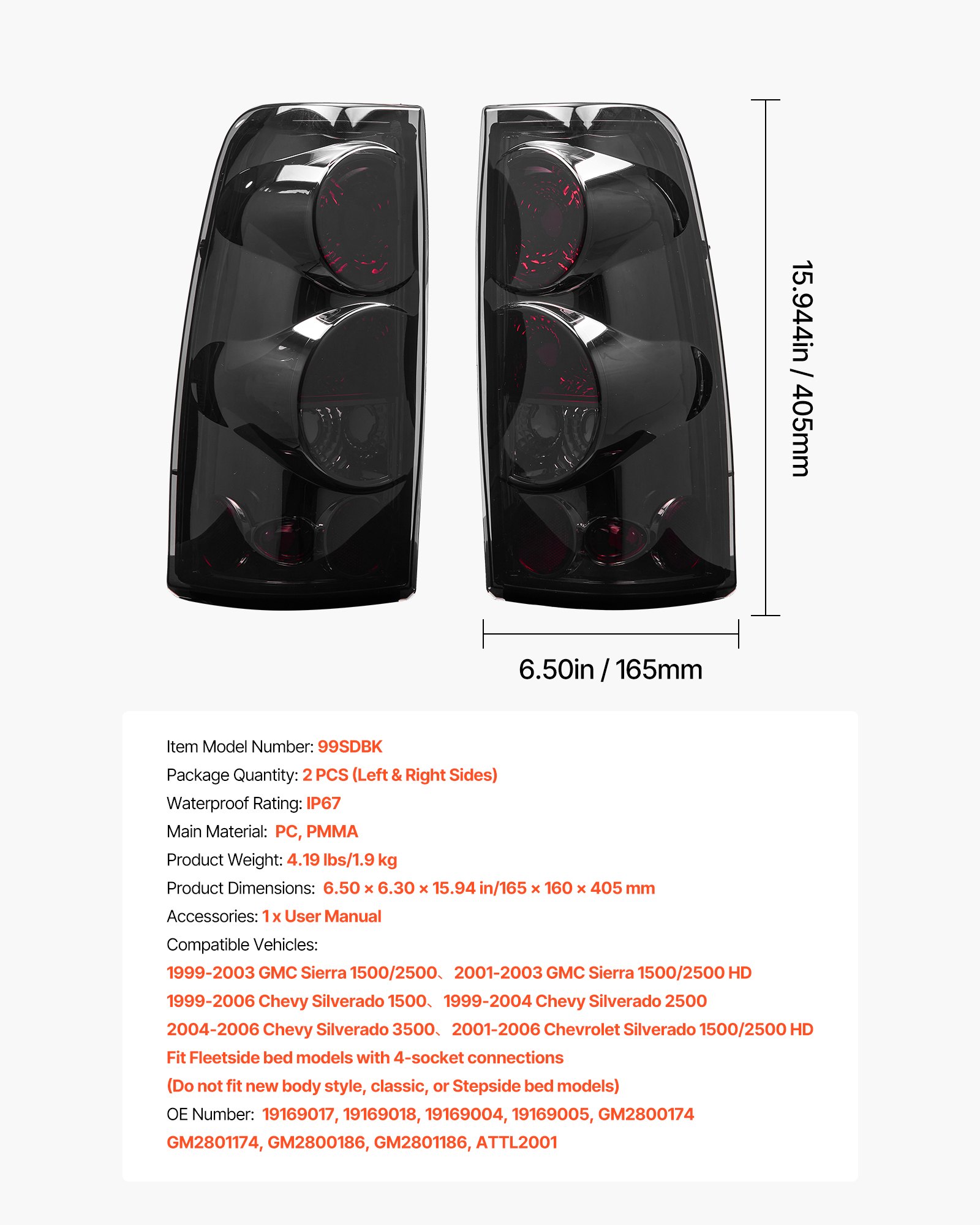 VEVOR Tail Light Assembly Compatible with 1999-2006 Chevy Silverado 1500 2500 3500, 1999-2003 GMC Sierra 1500 2500 1500/2500 HD, 2PCS Left & Right Side Taillights Rear Brake Lamps without Bulbs